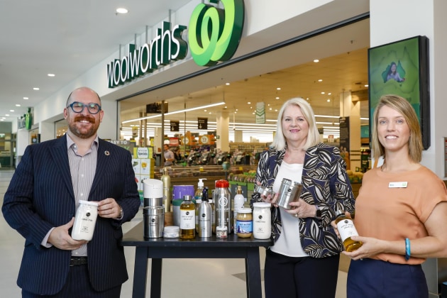 From left: Anthony Rossi, TerraCycle; Karen Andrews MP; Alex Holt, Woolworths. (Image: Woolworths)