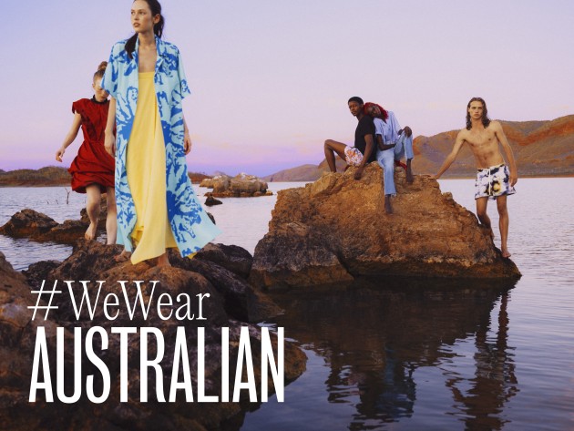 We Wear Australian L to R: India Anderson, Naomi Stevens, Will Kalimba, Cindy Rostron and Angus Minear. Photography by James Giles at Lake Argyle on Miriwoong Country