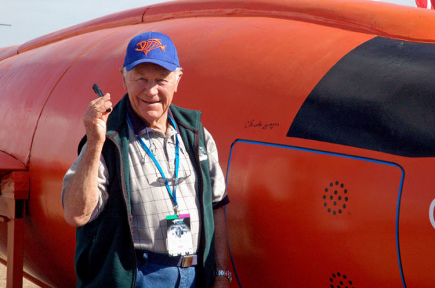 Chuck Yeager at Avalon in 2007 immediately after signing a replica of the Bell X-1 Glamorous Glennis. (Steve Hitchen)