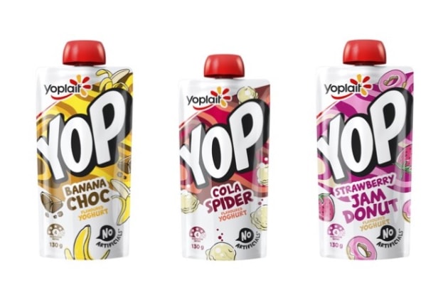 Yoplait's Yop range includes flavours such as Strawberry Jam Donut, Cola Spider, Banana Choc. 
Image: Bega Dairy