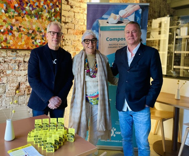 (left to right) BioPak CEO Gary Smith, OzHarvest Founder Ronni Kahn, and chef Neil Perry. 
Image: OzHarvest, Biopak