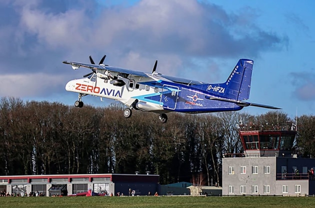ZeroAvia's hydrogen-electric Dornier 228 departs Cotswold (Kemble) Airport in the UK. (ZeroAvia)