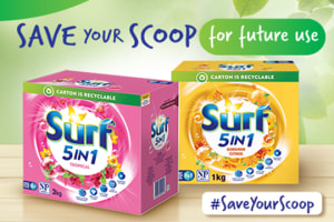 Surf removes plastic laundry powder scoops
